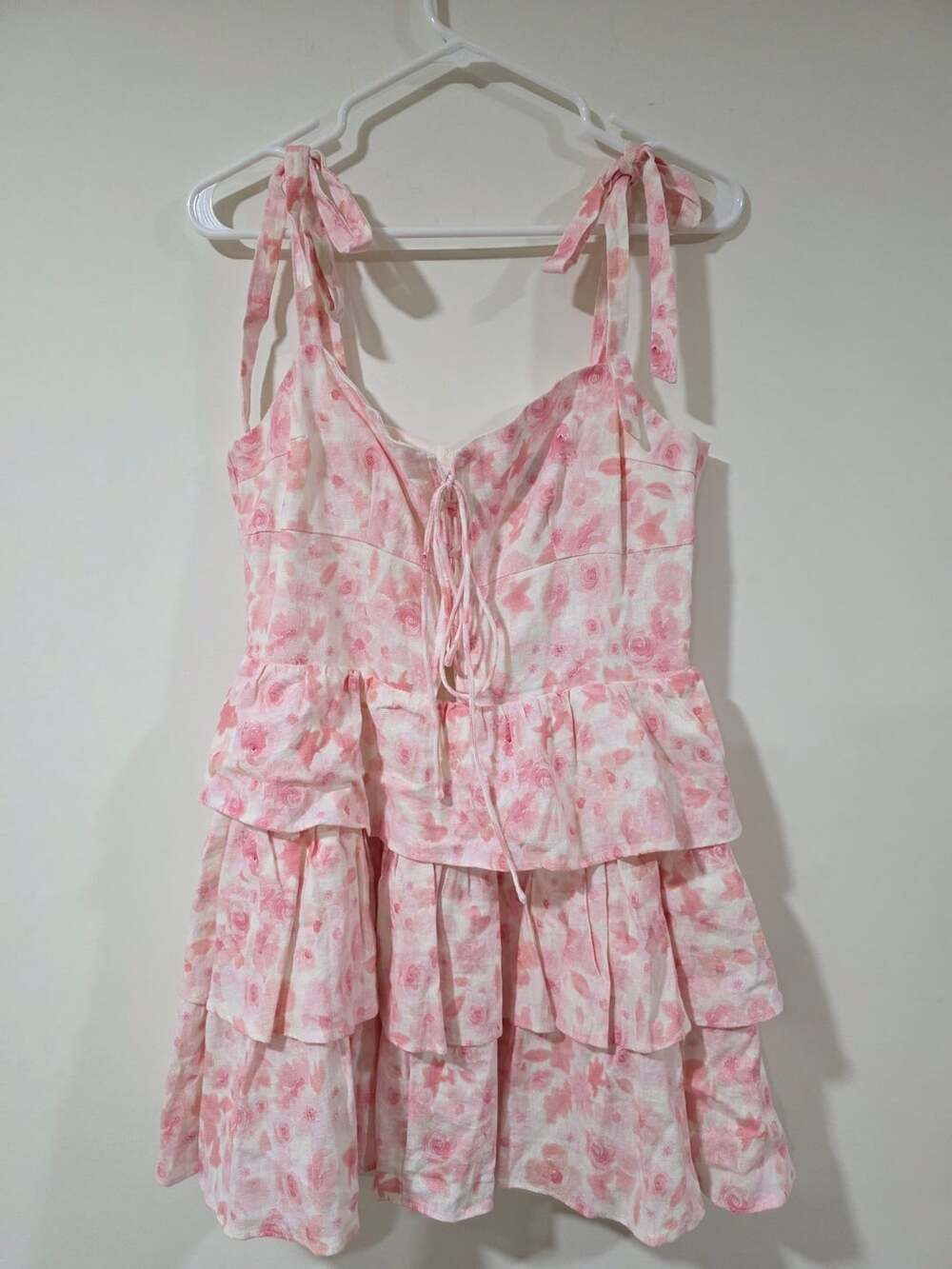 Bardot Pink Floral Tiered Mini Dress with Tie Straps
Size 8.